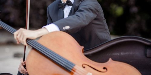 Ein Mann im Anzug hält ein Cello in der Hand sowie einen Bogen. Das Cello liegt in einem schwarzen Cello-Koffer. 
