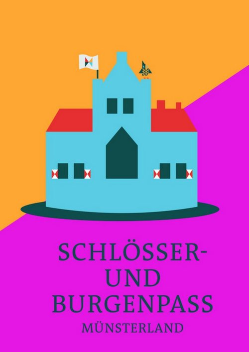 Grafische Darstellung eines stilisierten Schlosses mit rotem Dach und hellblauer Fassade vor einem zweigeteilten Hintergrund in Orange und Pink. Auf dem mittleren Turm wehen zwei kleine Fahnen. Unter dem Schloss steht in großer schwarzer Schrift: „SCHLÖSSER- UND BURGENPASS MÜNSTERLAND“.