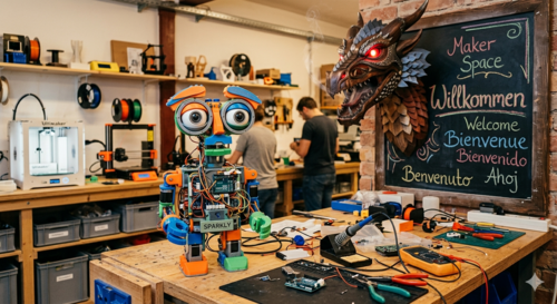 In einer Werkstatt steht ein Roboter auf einer Werkbank, neben Werkezuegen und anderen Utensilien. Im Hintergrund sind zwei Männer an einer weiteren Werkbank zu sehen. Rechts steht eine Tafel, aus der ein Drachenkopf schaut.