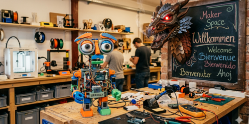 In einer Werkstatt steht ein Roboter auf einer Werkbank, neben Werkezuegen und anderen Utensilien. Im Hintergrund sind zwei Männer an einer weiteren Werkbank zu sehen. Rechts steht eine Tafel, aus der ein Drachenkopf schaut.