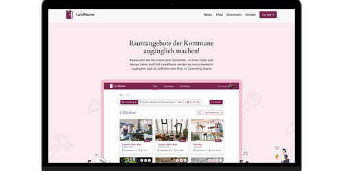 Laptop mit geöffneter Webseite, zentral sichtbarem Suchbereich und mehreren Raumanzeigen darunter