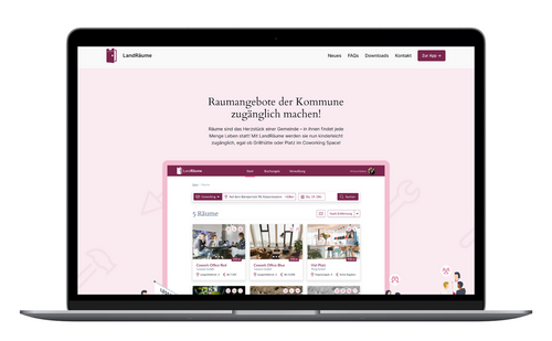 Laptop mit geöffneter Webseite, zentral sichtbarem Suchbereich und mehreren Raumanzeigen darunter