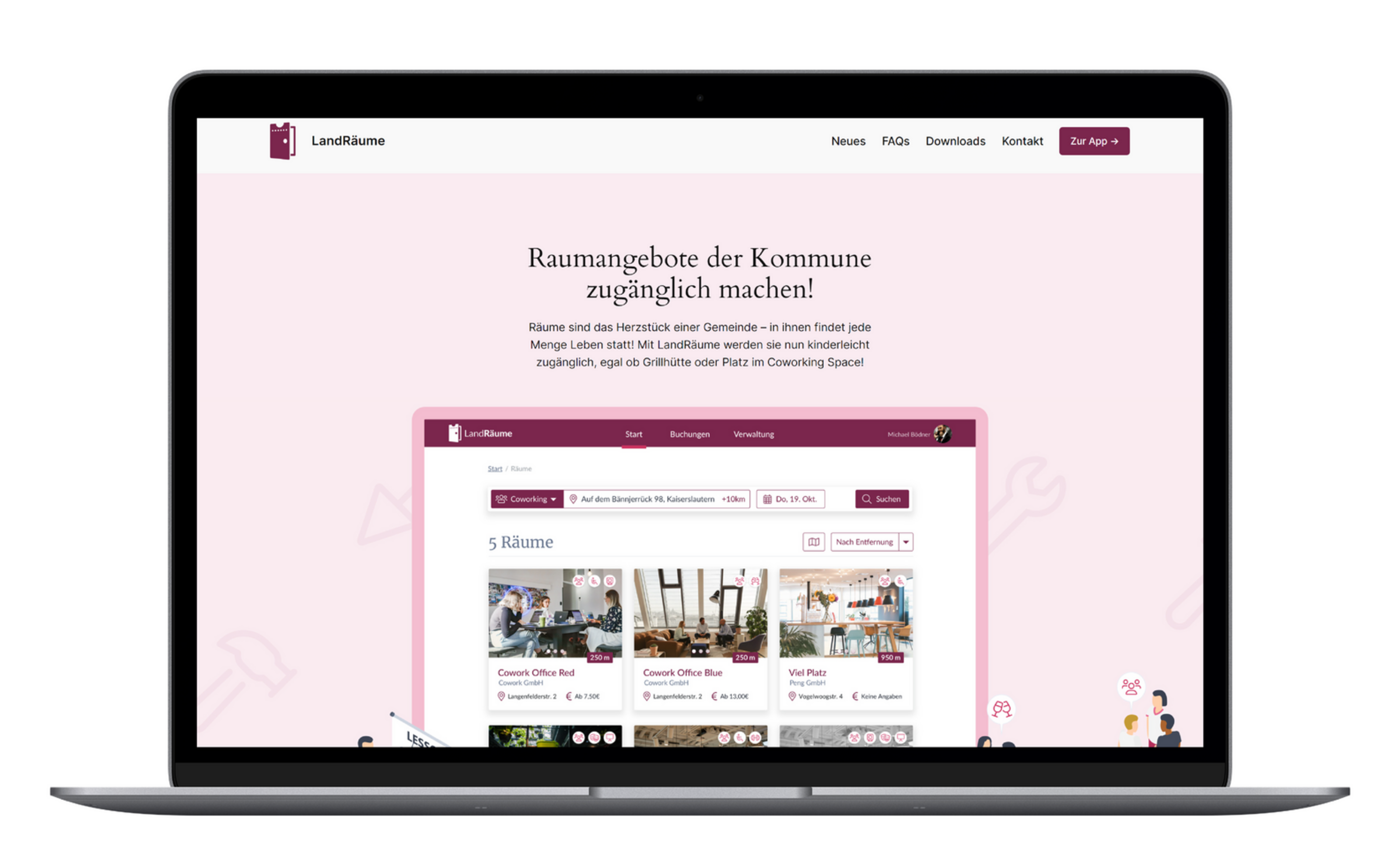 Laptop mit geöffneter Webseite, zentral sichtbarem Suchbereich und mehreren Raumanzeigen darunter