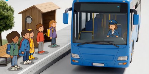 Man sieht ein Foto von einem Bus in den gezeichnete Kinder im Cartoon Stil einsteigen.