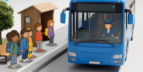 Man sieht ein Foto von einem Bus in den gezeichnete Kinder im Cartoon Stil einsteigen.