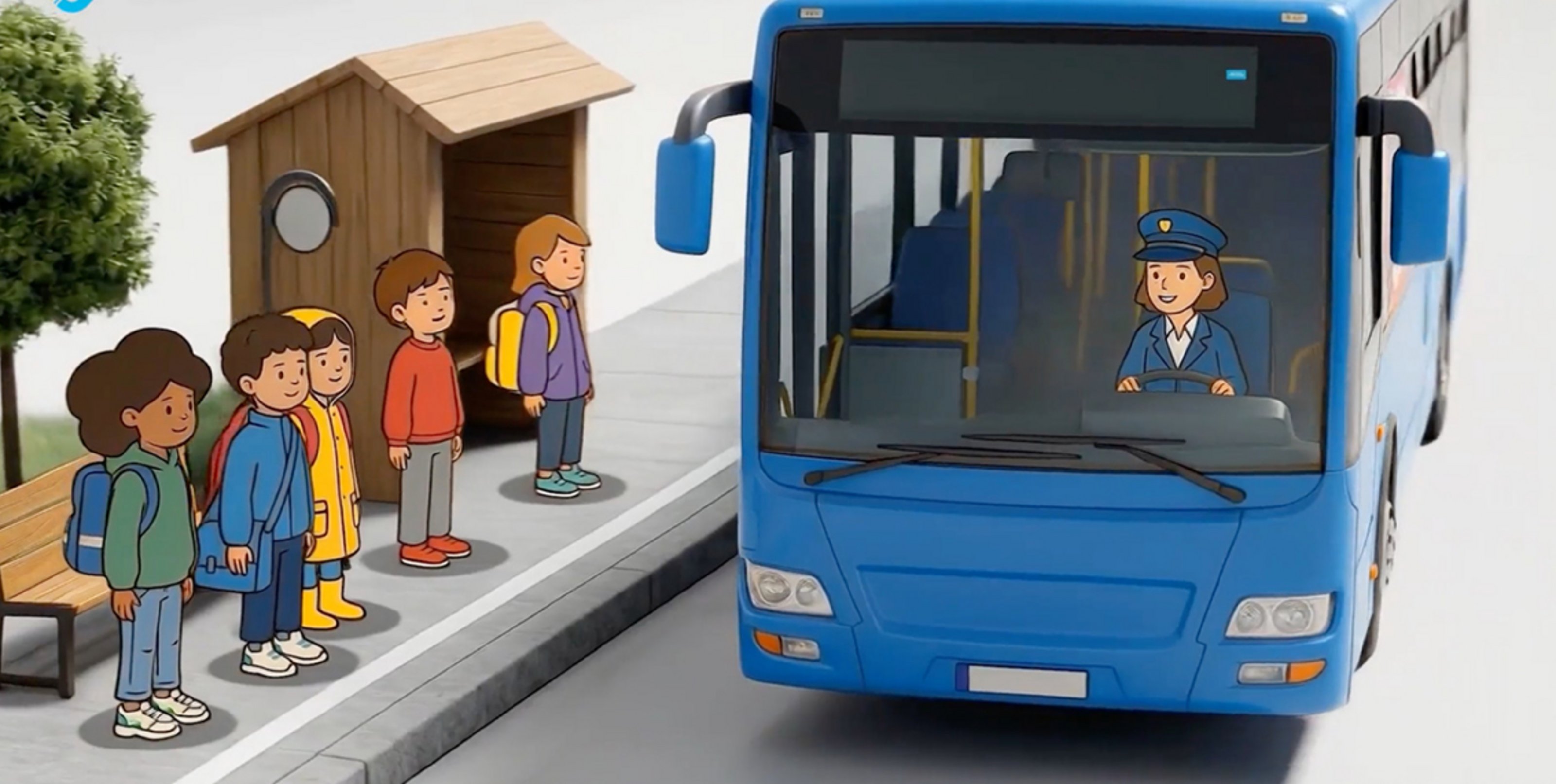 Man sieht ein Foto von einem Bus in den gezeichnete Kinder im Cartoon Stil einsteigen.