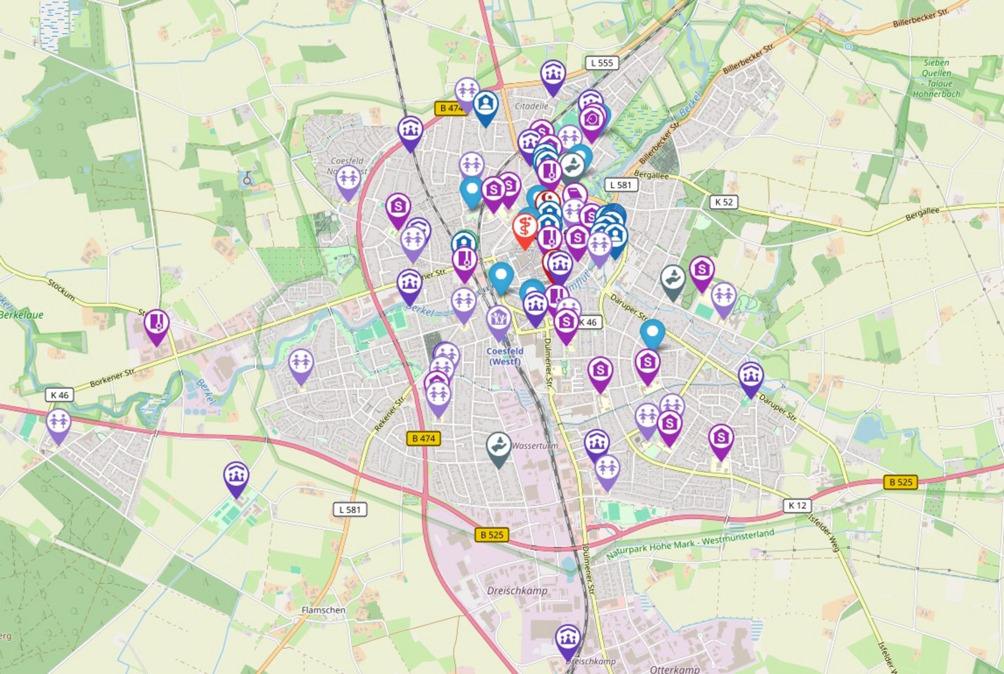 Eine digitale Karte mit Stecknadeln vom Kreis Coesfeld ist zu sehen.