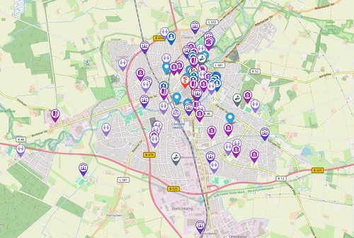 Eine digitale Karte mit Stecknadeln vom Kreis Coesfeld ist zu sehen.