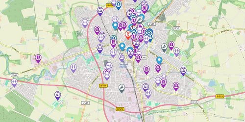 Eine digitale Karte mit Stecknadeln vom Kreis Coesfeld ist zu sehen.